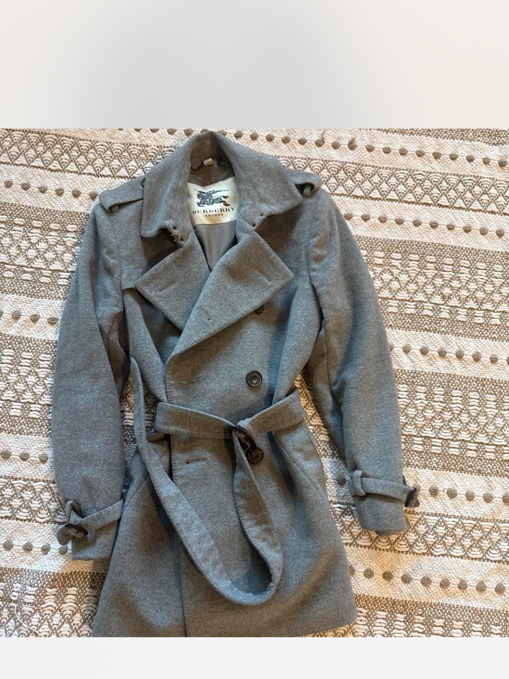Burberry Grey Double-Breasted Wool-Blend Trench Coat with Belt